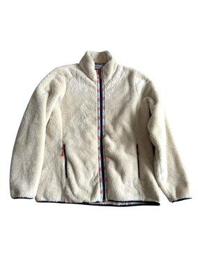 Orvis Women's Sz Medium Beige Sherpa Fleece Jacket Aztec Tapestry Navy Trim